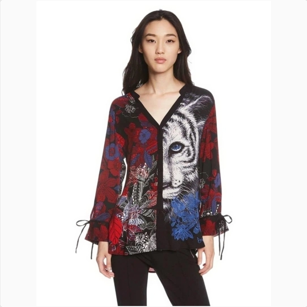 Desigual Multicolor Floral Embroidered White Tiger Long Sleeve Button Down Top L